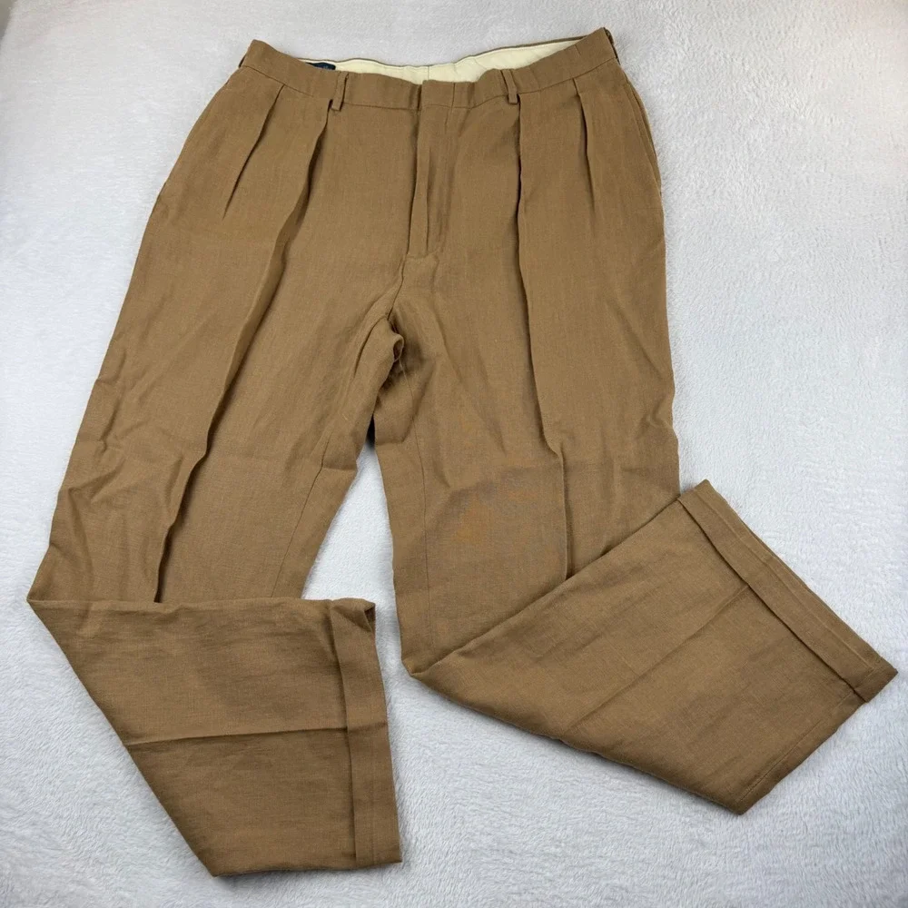 Vintage Polo Ralph Lauren Linen Trousers Mens 38x32 Tan Brown Pleated Cuff Pants
